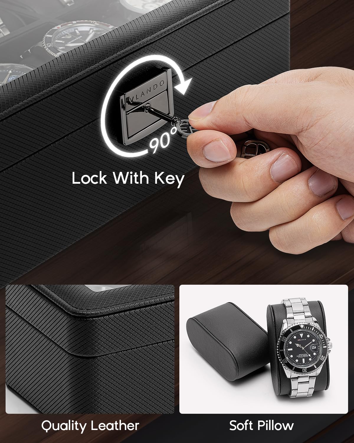 Vlando Watch Case for Fathers Day Gifts, 6-Slot Watch Box for Men with Glass Lid, Lockable, Business Textured Leather, Soft Pillow, Gifts for Dad, Husband, Friends - Black Vlando