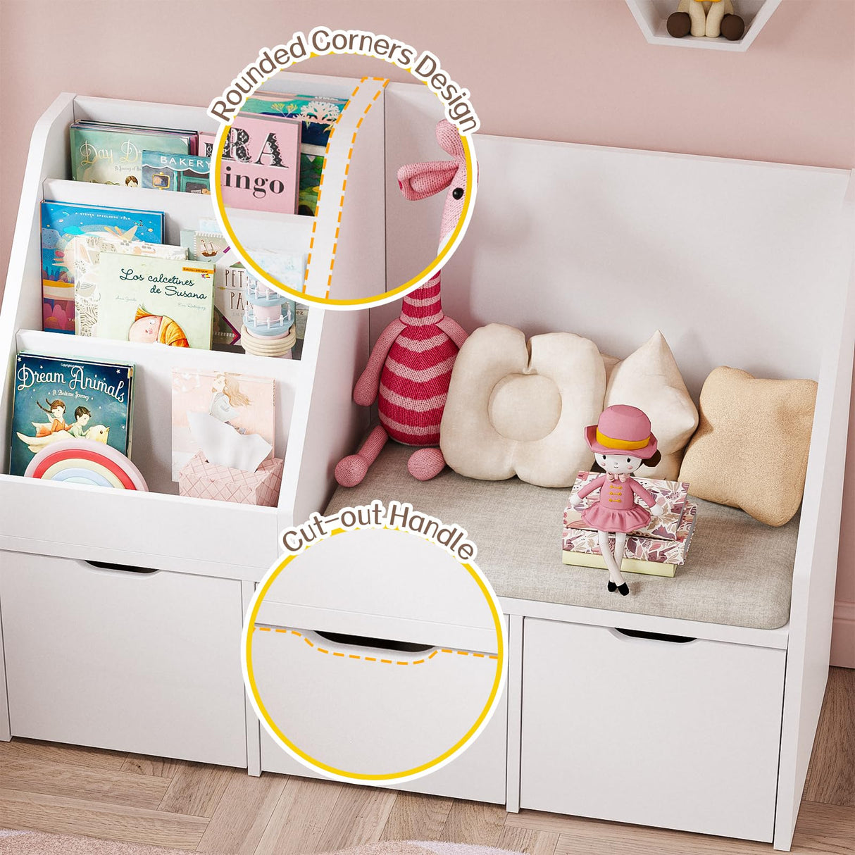 40" Kids Reading Nook with Bench, Toy Storage Organizer and Bookshelf with Seat Cushion, Kids Bookshelf with 3 Movable Drawers, Toy Storage Box on Wheels, Ideal for Nursery, Playroom, Bedroom, White Teckid