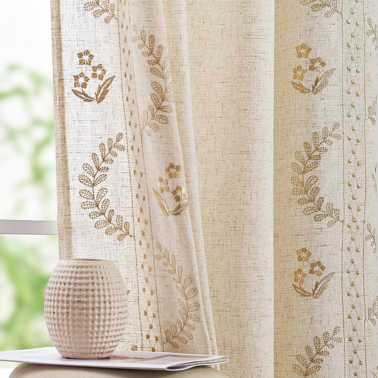 jinchan Linen Curtains for Bedroom Floral Curtains 108 Inch Length Linen Blend Beige Embroidered Drapes Farmhouse Flower Patterned Drapes for Living Room Window Treatments Set 2 Panels jinchan