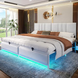 Cyclysio King Metal Bed Frame with Headboard, King Size Bed Frame with Charging Station and LED Lights, Height Adjustable PU Leather Headboard, Strong Metal Slats Support, No Box Spring Needed, White Cyclysio