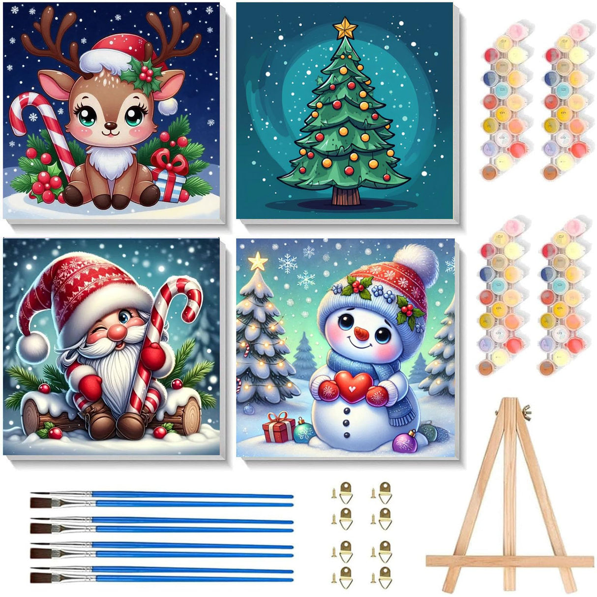 Arttoplus 4 Pack Paint by Numbers Kit for Kids with Frame,Cute Christmas Kids Paint by Numbers Ages 4-8-12 with Wooden Easel,Easy DIY Acrylic Oil Painting by Number for Gift Home Wall Decor(8x8 inch) Arttoplus