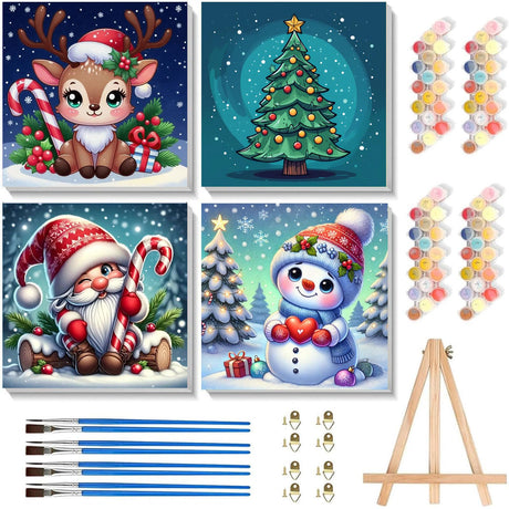 Arttoplus 4 Pack Paint by Numbers Kit for Kids with Frame,Cute Christmas Kids Paint by Numbers Ages 4-8-12 with Wooden Easel,Easy DIY Acrylic Oil Painting by Number for Gift Home Wall Decor(8x8 inch) Arttoplus