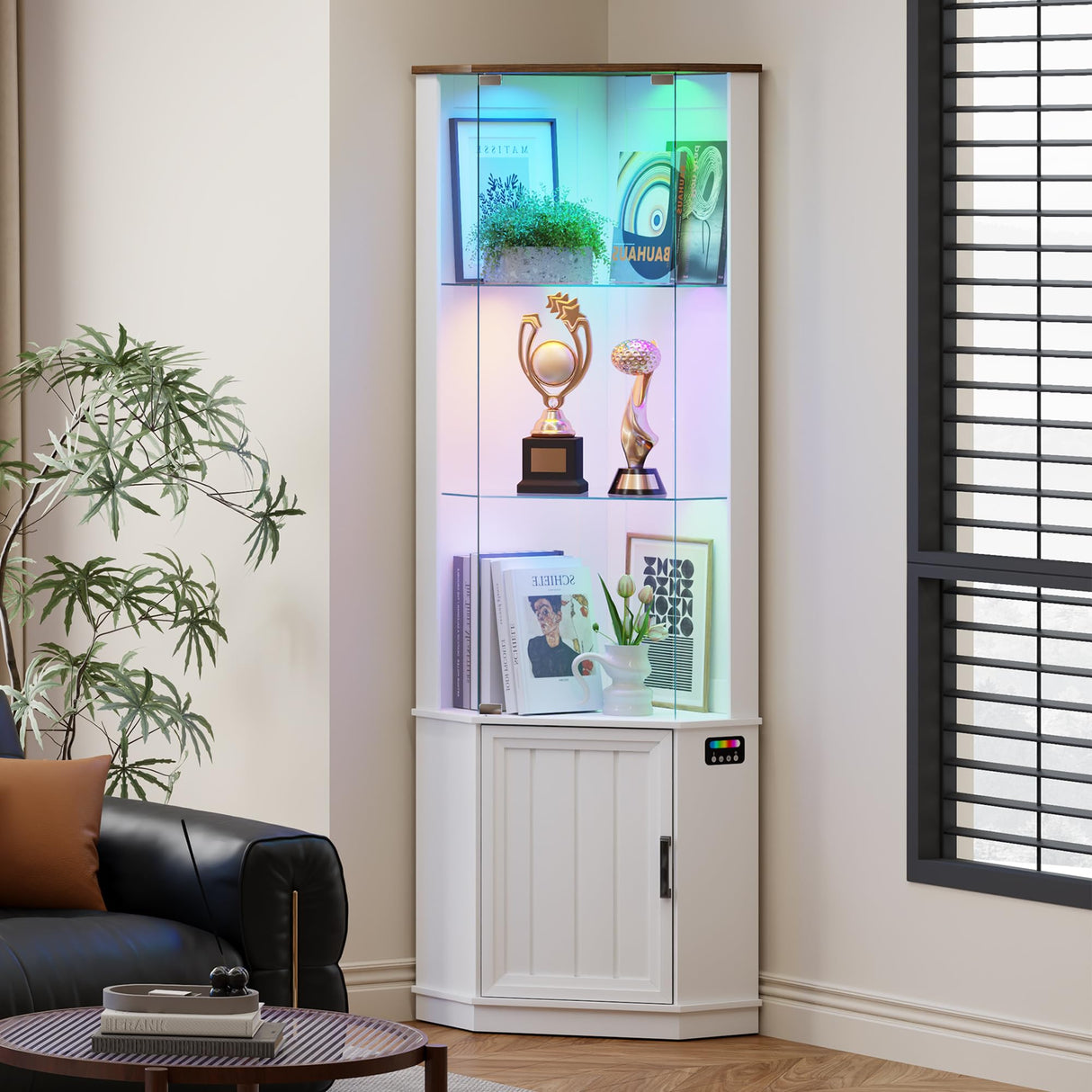 HNEBC 69" Tall Curio Display Cabinet with Glass Door and Movable Shelves,Corner Bookcase with LED Human Sensor Lights,5-Tier RGB Display Case for Collectibles,Bedroom Living Room HNEBC