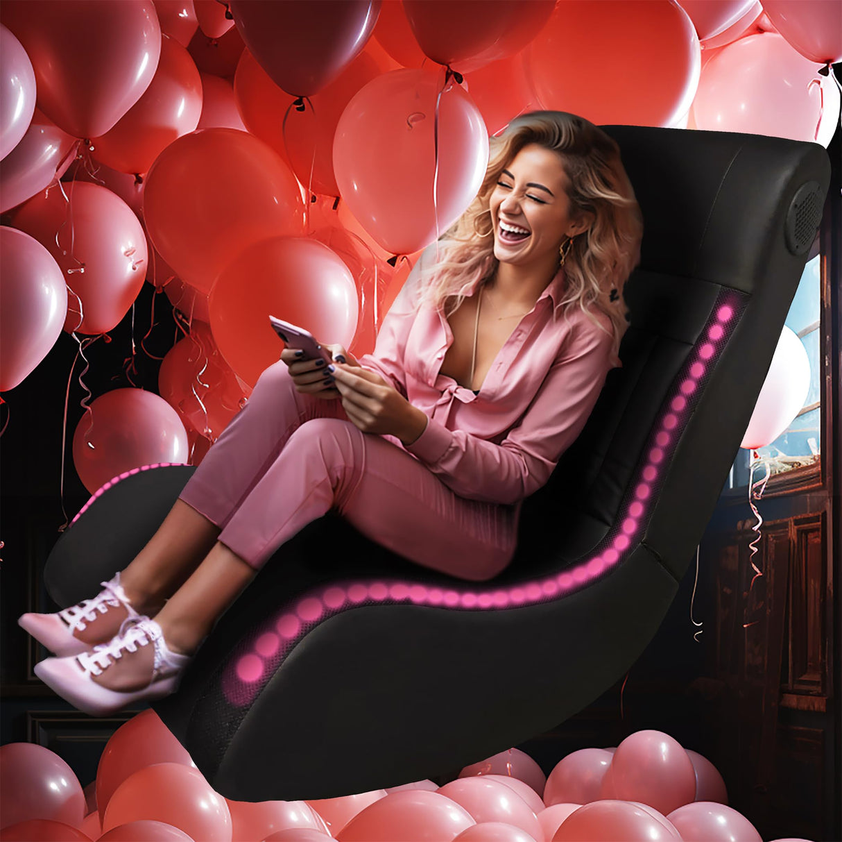 LOONGYOON Foldable Gaming Floor Rocker Chair with Onboard Speakers LED Strip Lighting Bluetooth Music Speakers Vibration Massage USB Charging Port for Gamers Bedroom Game Room Boys Girls Teens Black LOONGYOON