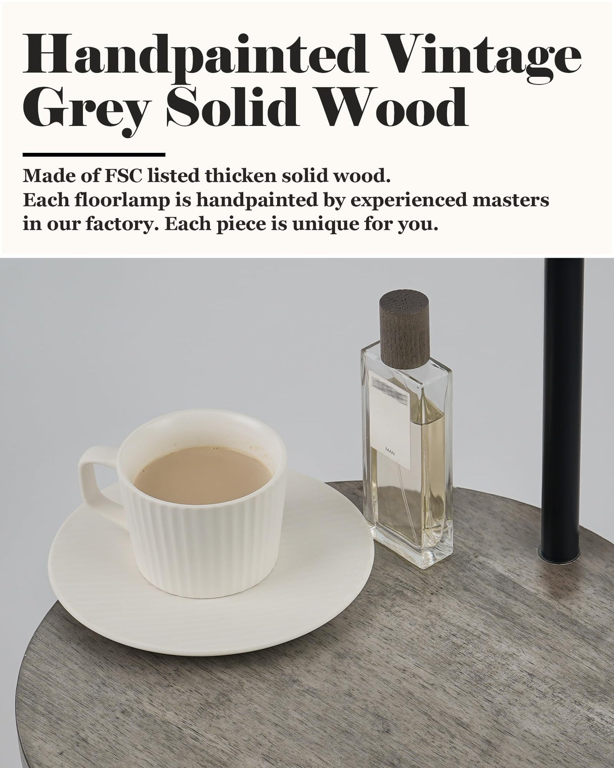 ELYONA Solid Wood Floor Lamp - Rustic Side Table Lamp for Bedroom & Living Room - Mid Century Modern Floor Lamp with 3 Color Temperatures LED Bulb - Industrial Tall Pole Reading Standing Light - Grey ELYONA