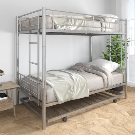 HomJoones Twin Over Twin Metal Bunk Bed with Trundle Heavy Duty Twin Size Metal Bunk Beds Frame with 2 Side Ladders Convertible Bunkbed with Safety Guard Rails,No Box Spring Needed HomJoones
