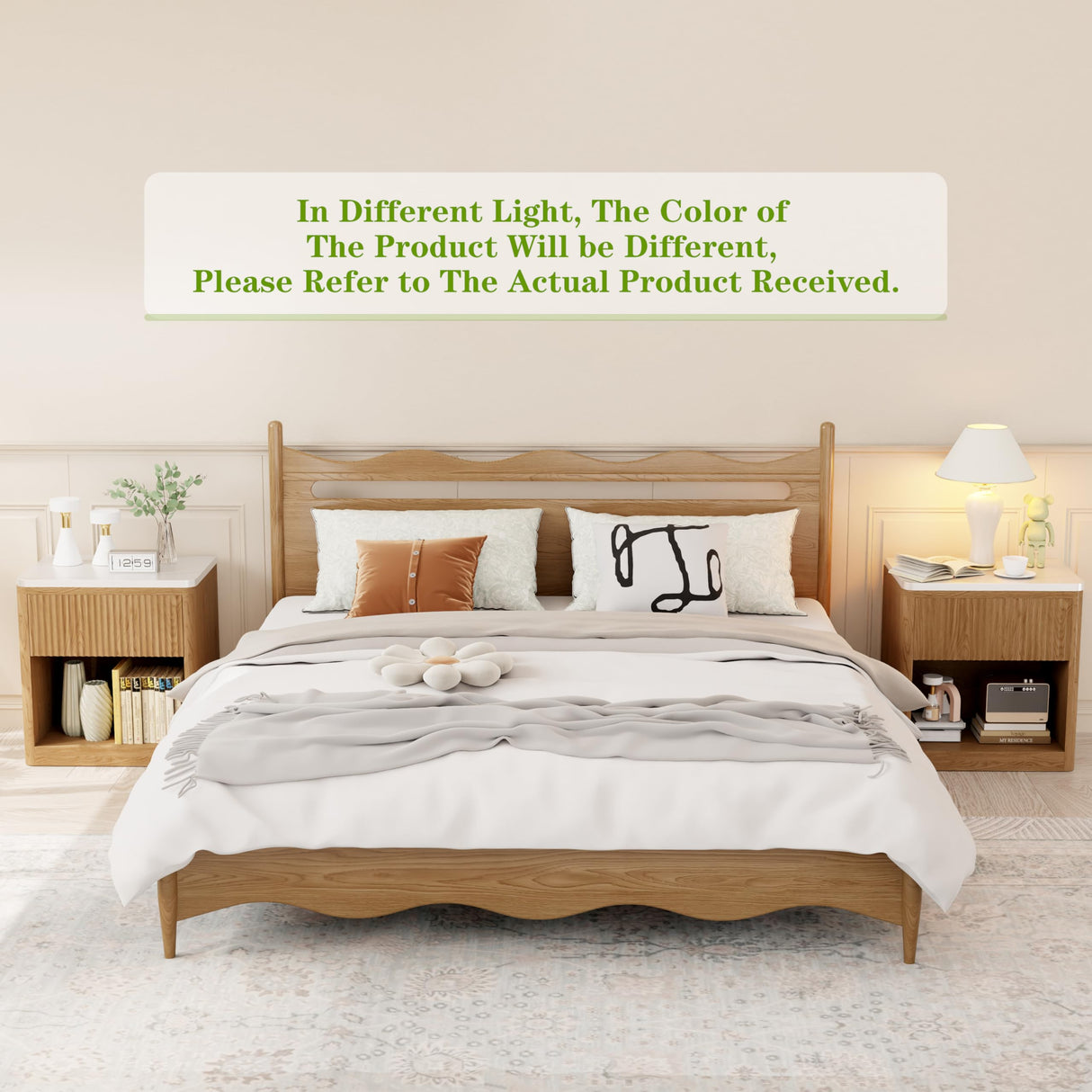 Yusong Night Stand, Wood Fluted Nightstand, 22" Large Bedside Table End Table with Faux Marble Top, Modern Night Stands with Drawer Storage for Bedroom Living Room, Natural Oak (1) Yusong