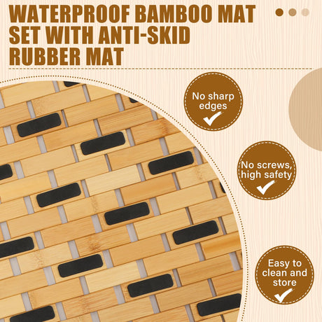 Barydat 2 Pcs Bathroom Bamboo Bath Mat Set Long Large Bathtub Non Slip Bamboo Shower Mat Floor Wooden Rug Waterproof Bathmat for Bathroom Accessory Spa Kitchen Outdoor, 16 x 48 Inch and 16 x 24 Inch Barydat