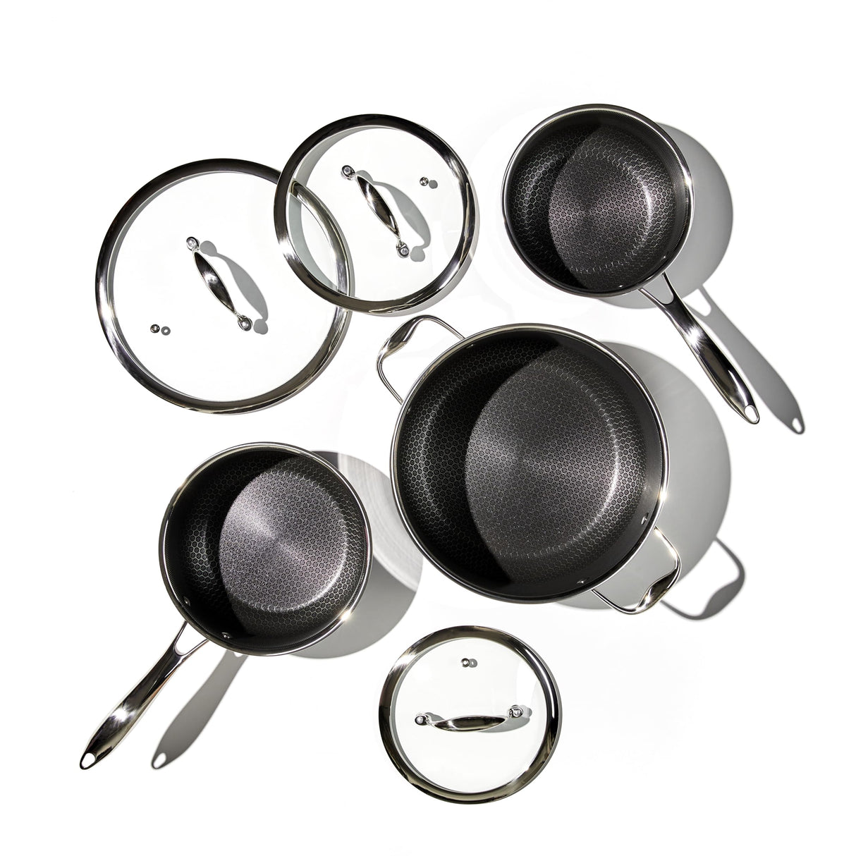 HexClad Hybrid Nonstick 6-Piece Pot Set with Trivets, 2, 3, and 8-Quart Pots with Tempered Glass Lids, 2 Silicone Trivets Included, Dishwasher Safe, Compatible with All Cooktops HexClad