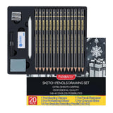 PANDAFLY 20-Piece Professional Sketch Pencil Set - Includes 4H to 14B Graphite Pencils, Charcoal Sticks, Vinyl Eraser, Kneaded Eraser, Sharpener, Blending Stump - Ideal for Artists and Beginners PANDAFLY