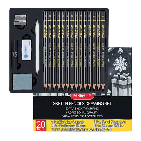 PANDAFLY 20-Piece Professional Sketch Pencil Set - Includes 4H to 14B Graphite Pencils, Charcoal Sticks, Vinyl Eraser, Kneaded Eraser, Sharpener, Blending Stump - Ideal for Artists and Beginners PANDAFLY