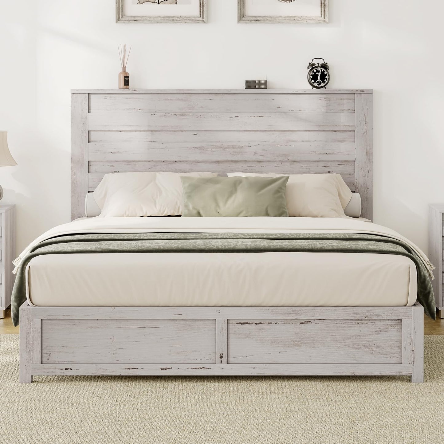 Albott Distressed White Queen Size Wood Platform Bed Frame with Stylish Headboard for Modern Farmhouse Decor