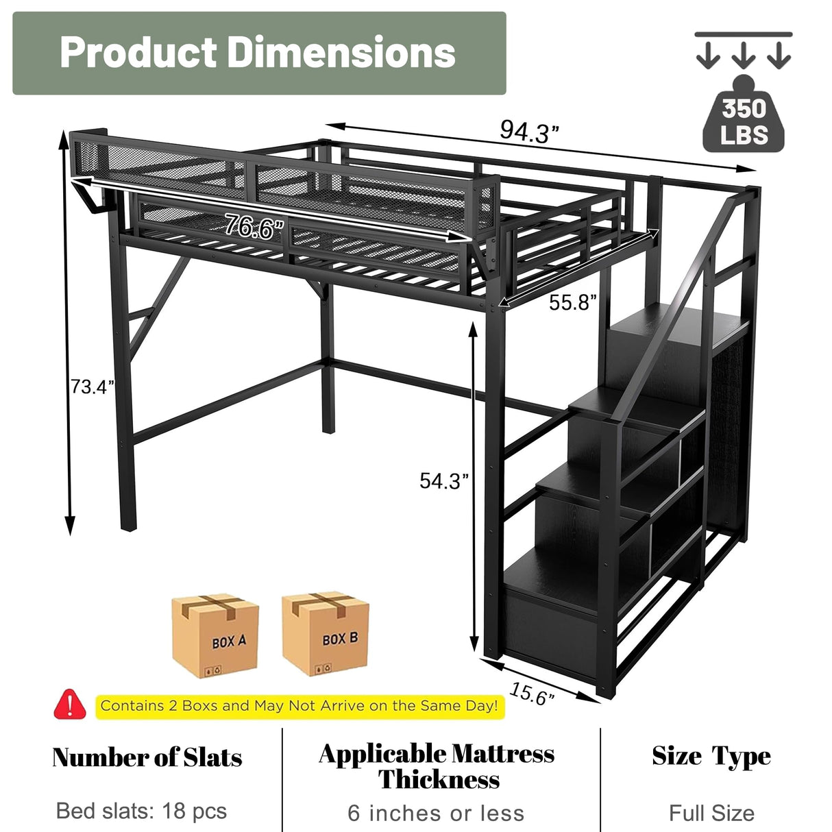 MoproBeti Full Size Loft Bed with Stairs, Metal Loft Beds Full with Storage Shelves, Adults Loft Bed with Wardrobe, Heavy Duty High Lofted Bed for Teens,Black +Black Stair MoproBeti
