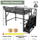 MoproBeti Full Size Loft Bed with Stairs, Metal Loft Beds Full with Storage Shelves, Adults Loft Bed with Wardrobe, Heavy Duty High Lofted Bed for Teens,Black +Black Stair MoproBeti