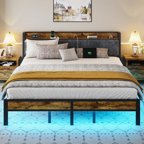 King Size Bed Frame with Smart LED Lights, Storage Headboard with USB Charging Station, Metal Platform Bed Noise Free, Easy Assembly, No Box Spring Needed Liians