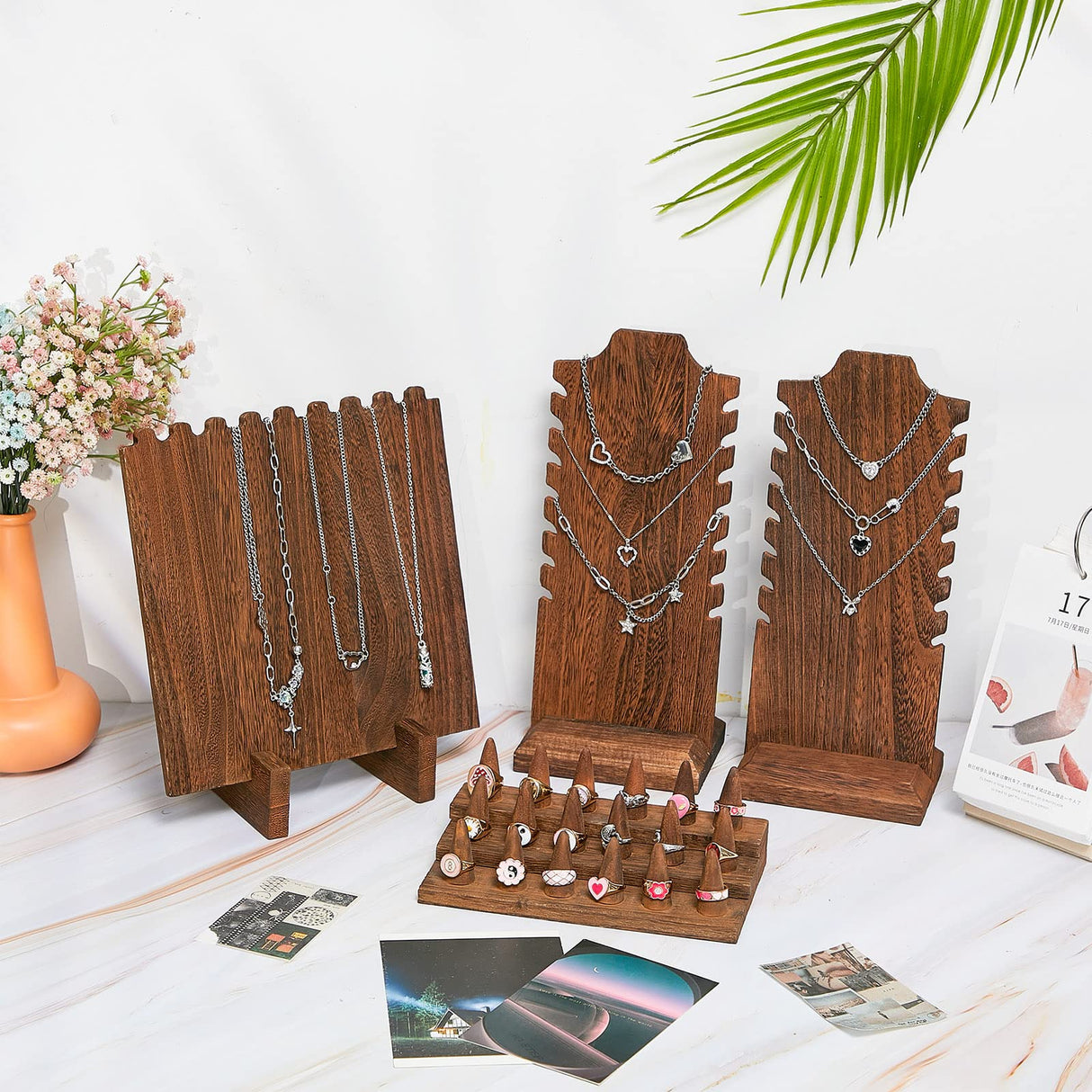 Jerify 4 Pieces Wood Necklace Display Holder Wood Plank Necklace Jewelry Display Ring Display for Selling Necklace Holder Stand Finger Ring Display for Jewelry Showcase Storage Home Display Jerify