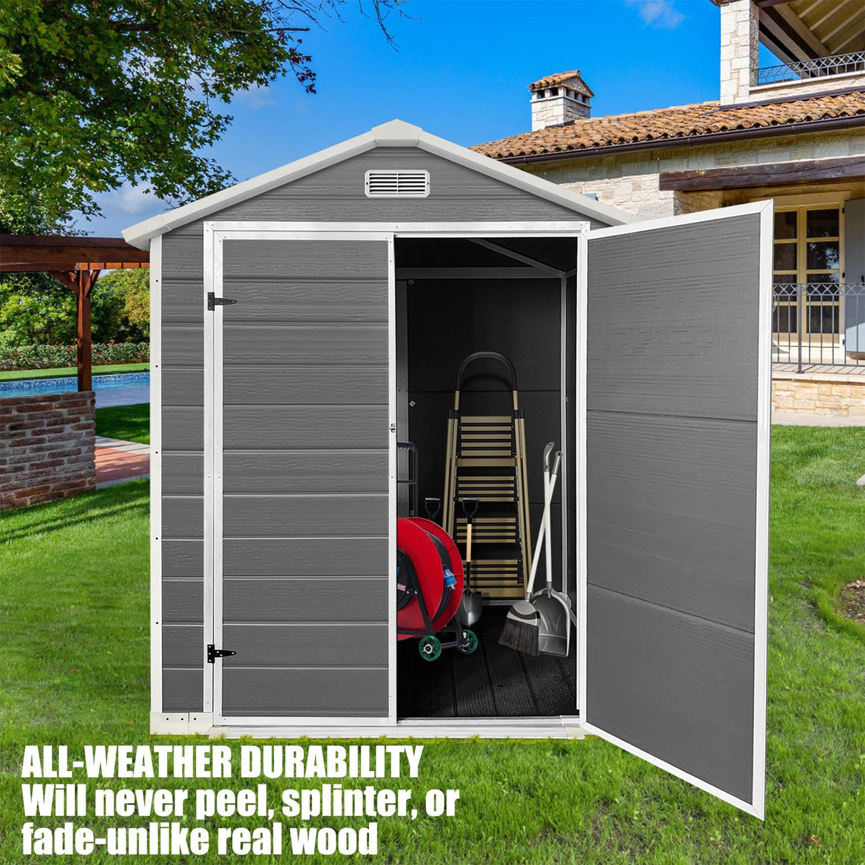 6x4 FT Outdoor Storage Shed with Floor, Plastic Garden Tool Shed with Windows, Vents & Lockable Door, Easy to Assemble Resin Bike Shed for Patio, Backyard, Lawn, Grey LINKHOO