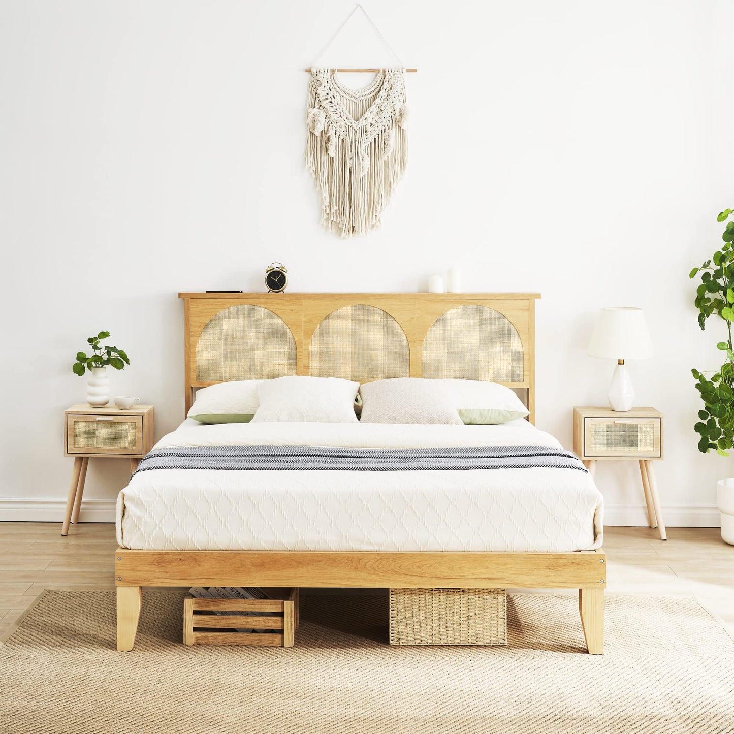 Amyove 12.4 Inch Deluxe Solid Wood Queen Bed Frame with Rattan Headboard and LED Lights - WoodArtSupply