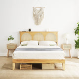 Amyove 12.4 Inch Deluxe Solid Wood Queen Bed Frame with Rattan Headboard and LED Lights Amyove