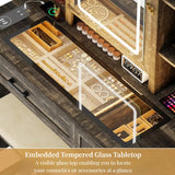 GlasFlength Farmhouse Makeup Vanity with Lighted Mirror,Vanity Desk with Charging Station,Vanity Table with Hidden Jewelry Cabinet,40'' Makeup Table with Glass Tabletop,Stool Included,Vintage Black GlasFlength