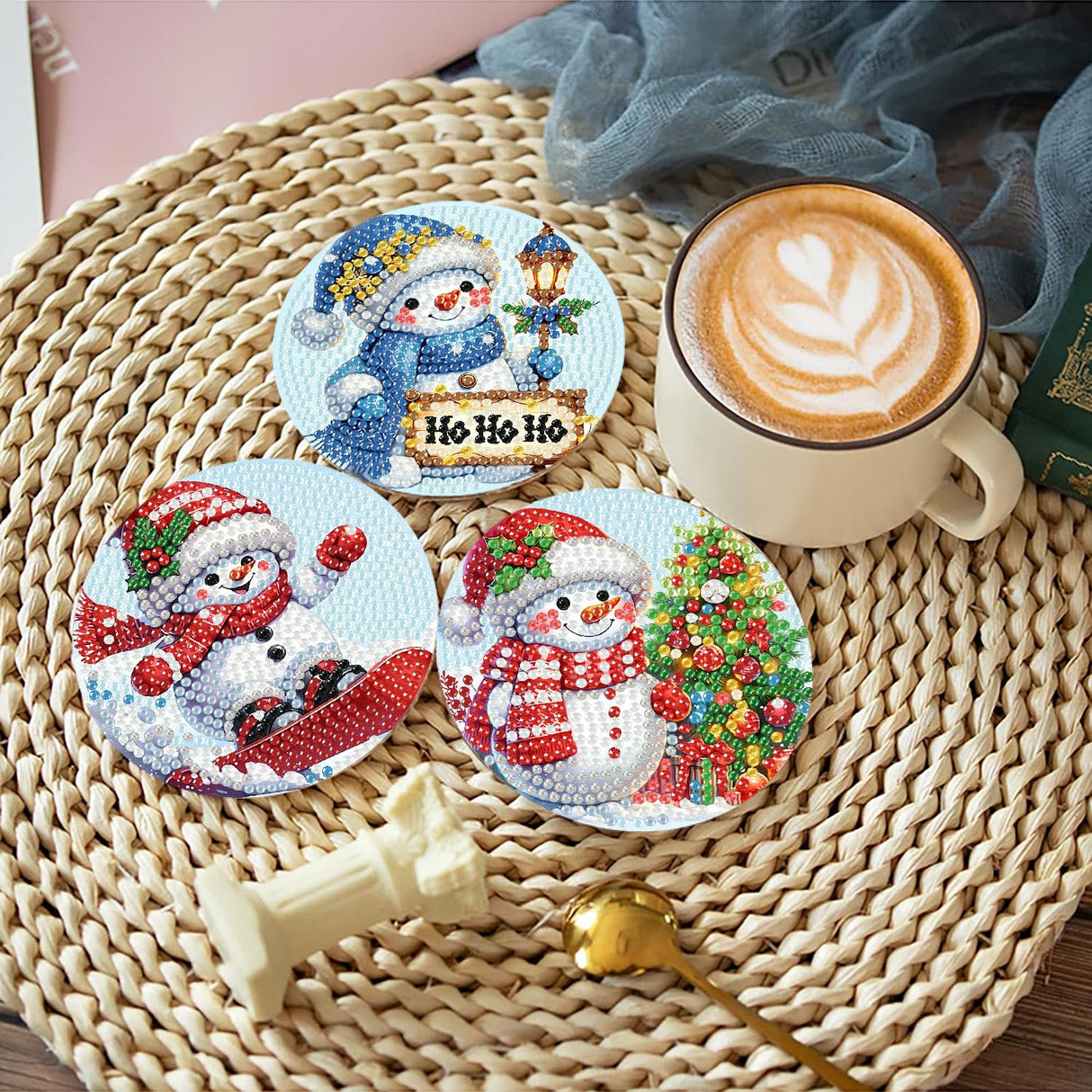 8 PCS Christmas Diamond Art Coasters Kit, Snowman Diamond Painting Coasters with Holder, Winter Diamond Art Kits for Adults Beginners, Arts and Crafts Supplies tigdtiu
