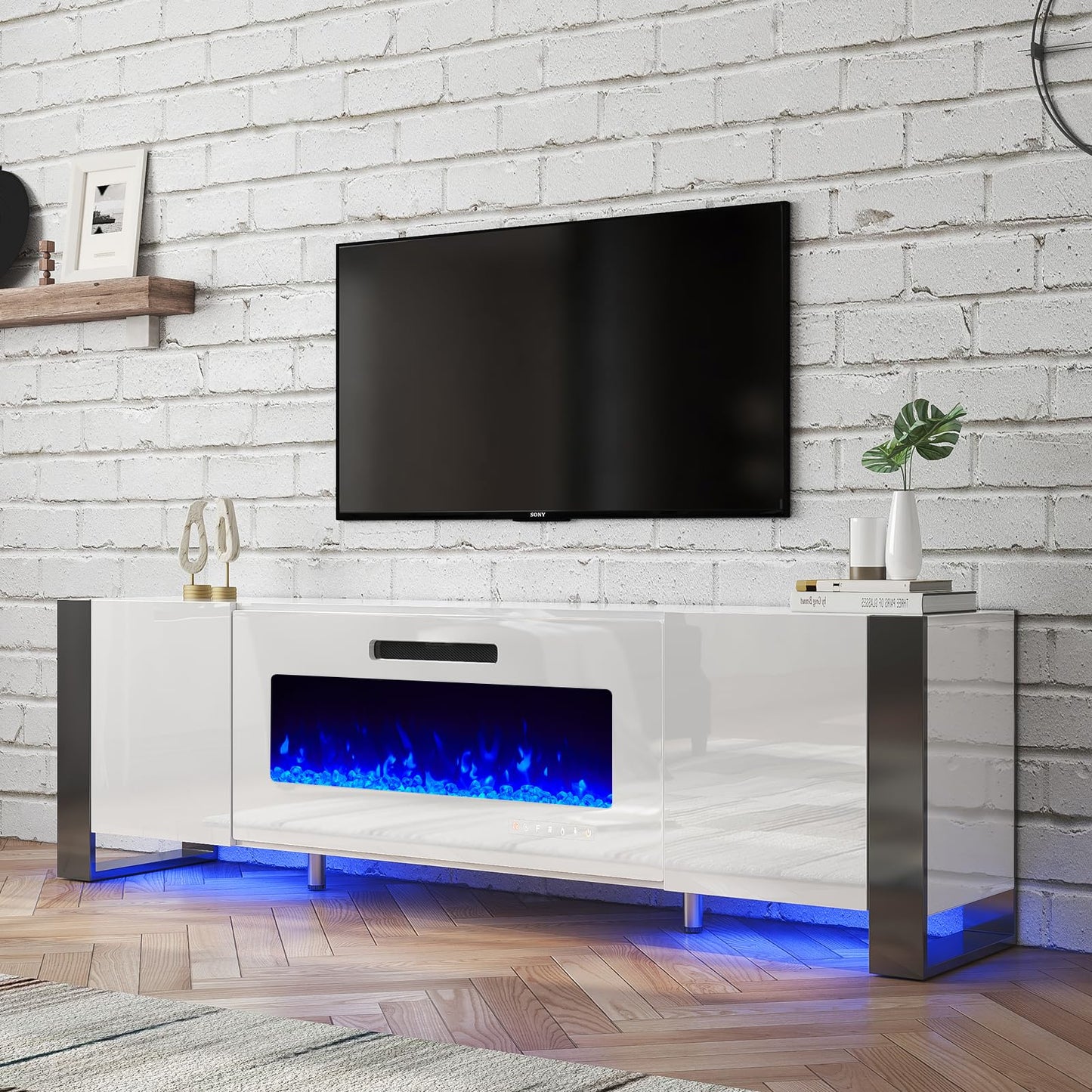 LUXOAK U-Shaped Legs 70" Fireplace TV Stand, Mirrored Finish Media Console with 36" Electric Fireplace, Modern LED Lights Storage Entertainment Center for TVs Up to 80", All White - WoodArtSupply