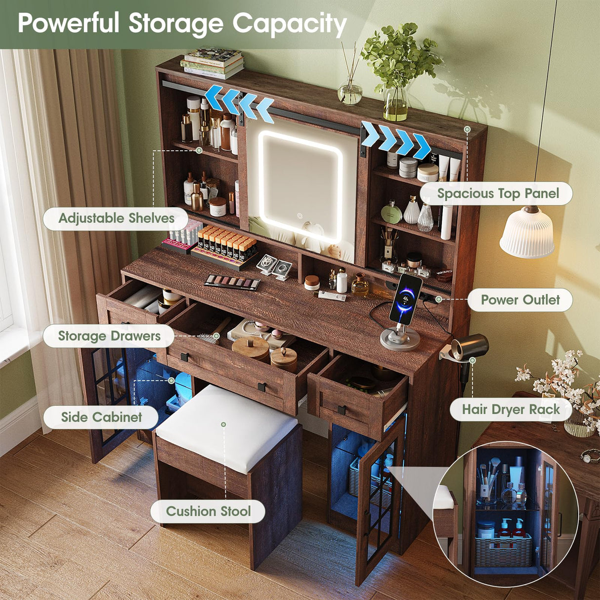 Maupvit Farmhouse Makeup Vanity Desk with Sliding Mirror, 45.5" Vanity Set with 3 Drawers & 2 RGB LED Cabinets & Charging Station, Ample Storage, Stool Included, Brown Maupvit