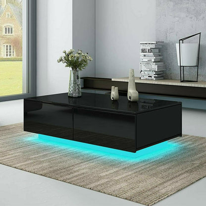 HOMMPA LED Coffee Table for Living Room Black Coffee Table with 4 Drawers High Glossy Center Table with Storage Modern Coffee Table with storage - WoodArtSupply