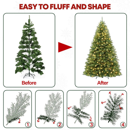 VIVATREES 9ft Prelit Christmas Tree with 600 Warm White LED Lights, Artificial Christmas Tree with 2100 PVC Branch Tips for Home, Party, Holiday, Metal Stand and Hinged Branches