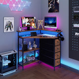 VENNQD Corner Desk with Drawers Shelves for Small Space 90 Degrees Triangle Computer Desk with Power Outlets,Gaming Desk with LED Lights Monitor Stand for Home Office Workstation Writing Table (Brown) VENNQD