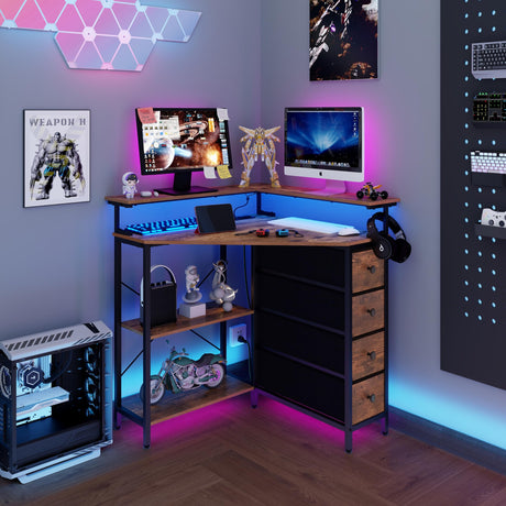VENNQD Corner Desk with Drawers Shelves for Small Space 90 Degrees Triangle Computer Desk with Power Outlets,Gaming Desk with LED Lights Monitor Stand for Home Office Workstation Writing Table (Brown) VENNQD