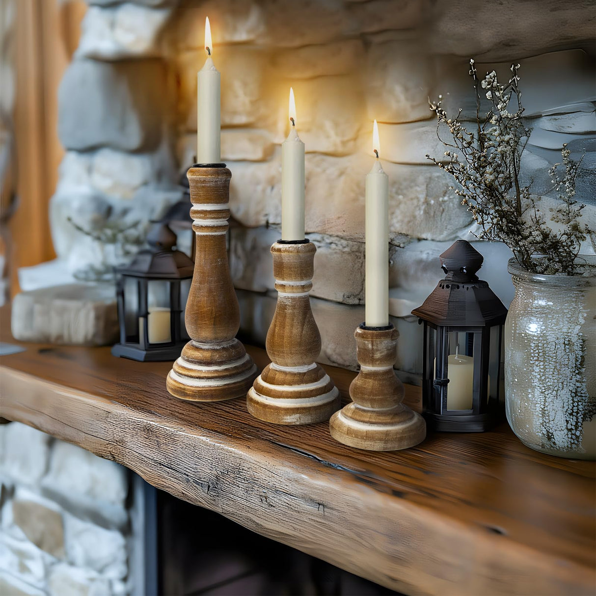 Taper Candle Holders Set of 3, Rustic Wooden Candlestick Holders, Farmhouse Wood Candle Stand, Vintage Candles Stick Tapered Holder for Living Room, Table Centerpiece (Brown) CEDARLUX