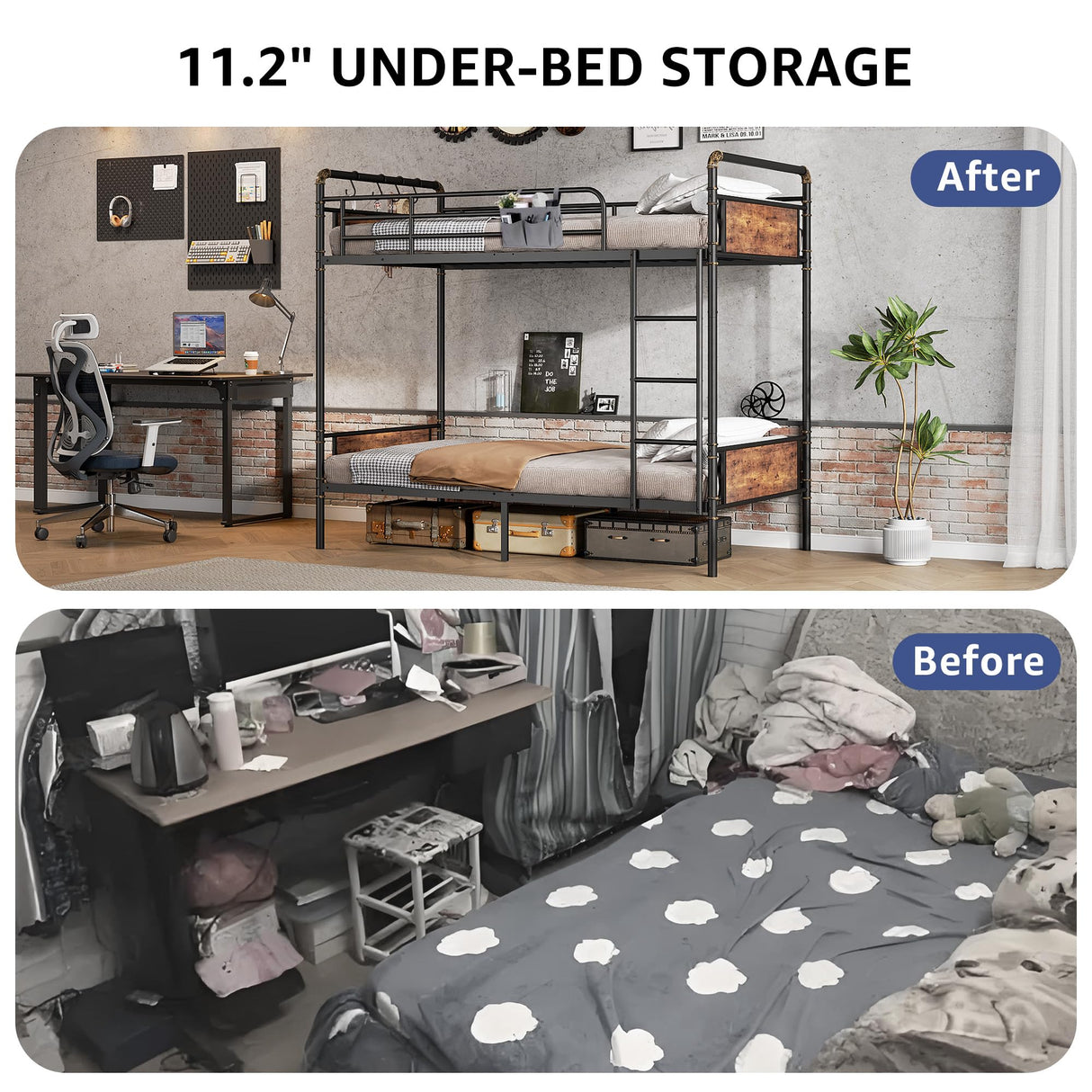 Jocoevol Metal Bunk Bed Twin Over Twin, Industrial Bunkbeds Heavy Duty Bed with Safety Guard Rails and Space-Saving Design, Steel Bed for School, Bedroom (Vintage Brown) Jocoevol