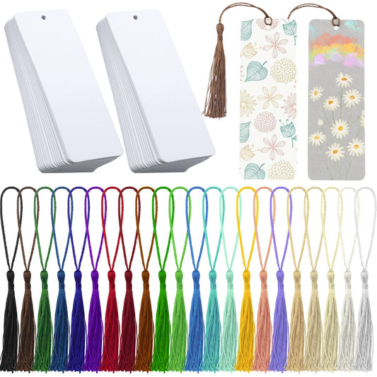 Tecmisse 80 Pieces Blank Bookmarks Cardstock with 80 Pcs Colorful Tassels, Craft Paper Bookmarks for DIY Classroom Projects and Gifts Tags (White)