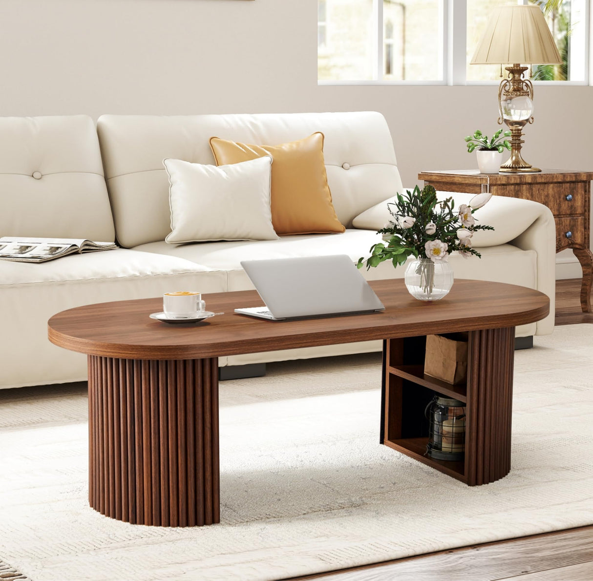 Oval Fluted Coffee Table, 47" Farmhouse Wood Coffee Table Mid Century Modern Center Table Boho Living Room Tables for Living Room Office,Walnut RUSTYER