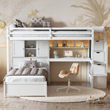 HRJHLucky Twin Over Twin Loft Bed with Built-in Desk and Staircase, White Pine Wood+MDF Bunk Bed with Storage Compartments and Shelves for Children, Teens, Adults HRJHLucky
