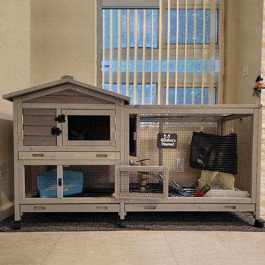 Bunny Cage Indoor and Outdoor Rabbit Hutch with Casters Waterproof Roof, Pull Out Tray from Back and Front - WoodArtSupply