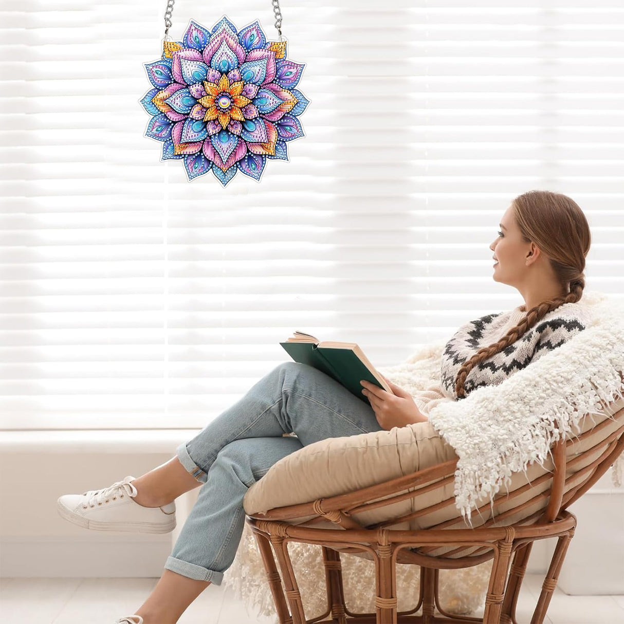 Bimkole Mandala Flower Diamond Art Hanging Kit for Adult, DIY 5D Diamond Art Window Pendant, Acrylic Crystal Art Hanging Ornament Home Wall Garden Front Door Sign Outdoor Decor 7.8x7.8 Inch Bimkole