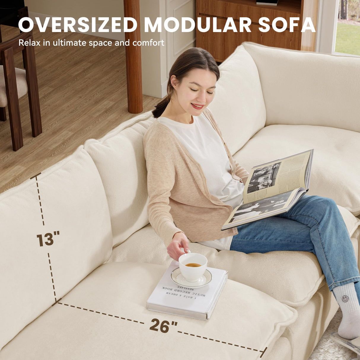 Tbfit Oversized Modular Sectional Sofa, Chenille Cloud Couch Deep Seat, 6-Seater Modular Sofa Couch for Living Room, Beige Tbfit