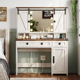 AOGLLATI Makeup Vanity with Lights & Barn Doors, Vanity Desk with Mirror and Lights & Charging Station, Farmhouse White Vanity Table with Jewelry Hooks and Open Storage Shelves AOGLLATI