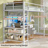 VIAGDO Loft Bed Twin Size with L-Shaped Desk, Charging Station and LED Lights, Twin Loft Bed with 4-Tier Bookshelf and 3 Drawers, Clothes Rail, Safety Guardrail&Ladder, No Box Spring Needed, White VIAGDO