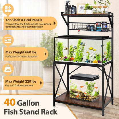 40 Gallon Fish Tank Stand, Vertical Three Tier Metal Aquarium Stand with Grid Wall Panel for Fish Tank Accessories Storage, Fits Aquarium, Turtle Tank, or Reptile Terrariums (Without Basket & Hooks)