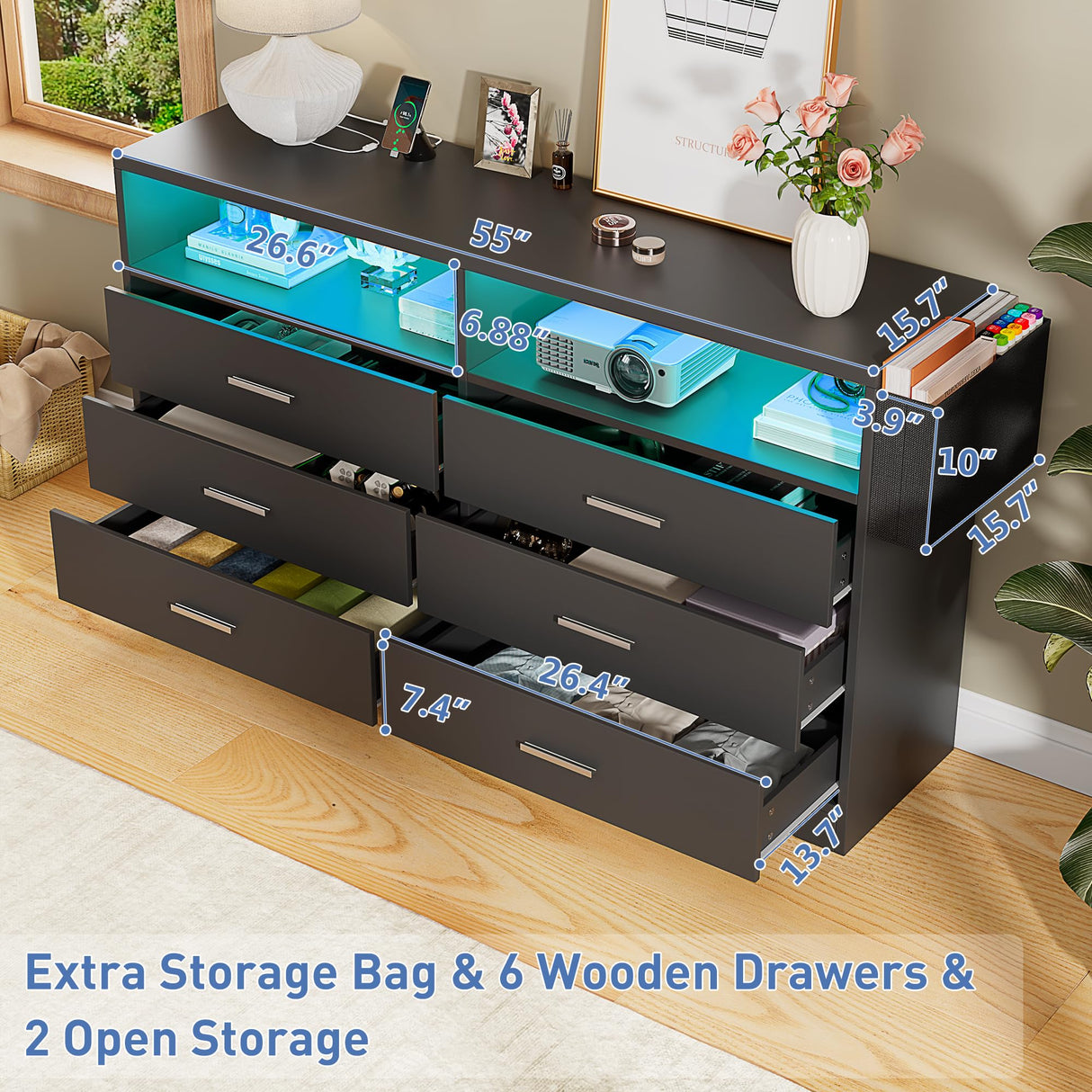 Whalefall Bedroom Dresser with LED Lights, Black 6 Drawers Dresser for Bedroom with Charging Station 55in Large Chest of Drawers, Wood Dresser TV Stand for Living Room Closet Entryway (Black) Whalefall