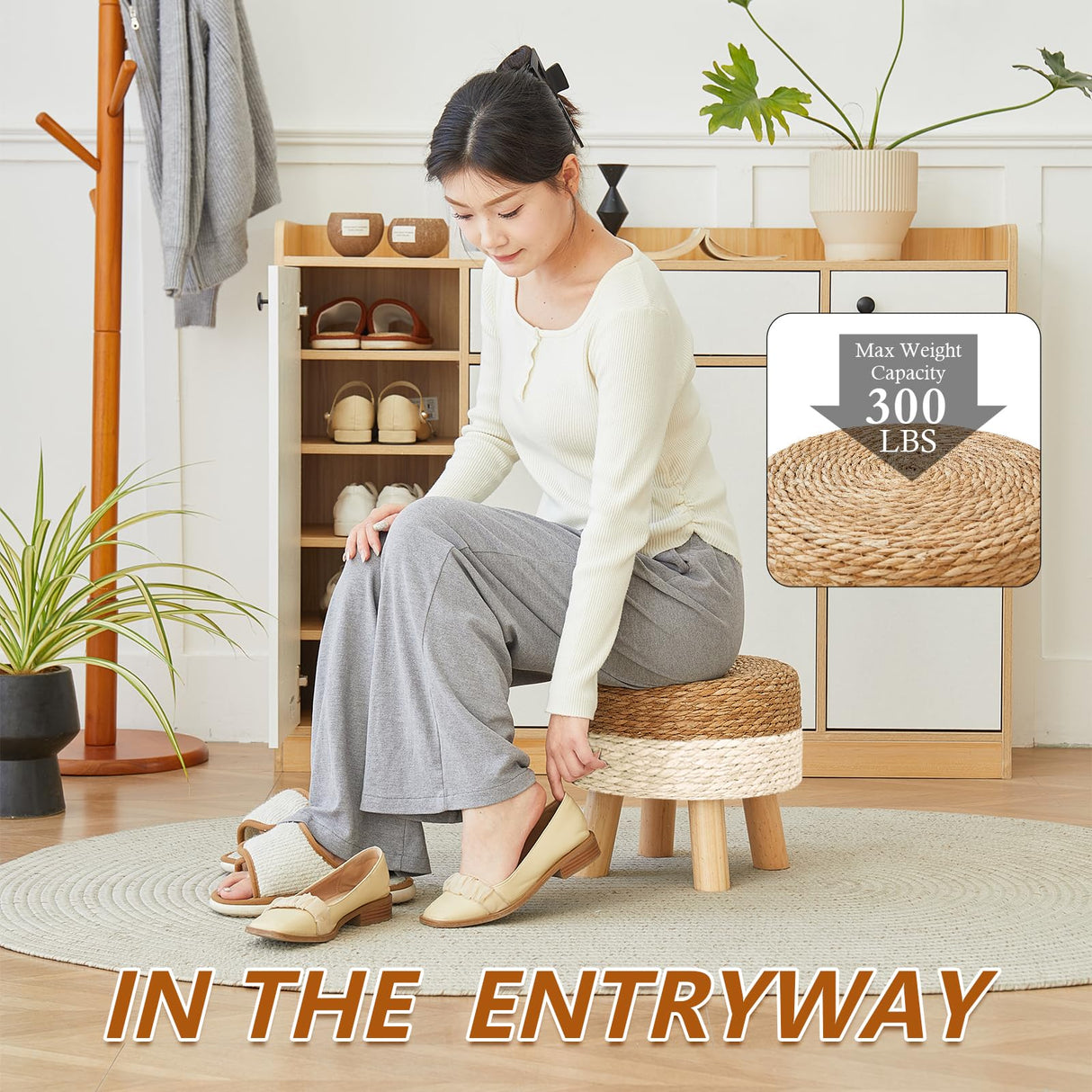 ALeesing Round Ottoman, Natural Seagrass Footstool with 4 Wood Legs, Multifunctional Modern Dressing Stool and Sofa Side Table for Bedroom (White) ALeesing