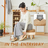 ALeesing Round Ottoman, Natural Seagrass Footstool with 4 Wood Legs, Multifunctional Modern Dressing Stool and Sofa Side Table for Bedroom (White) ALeesing