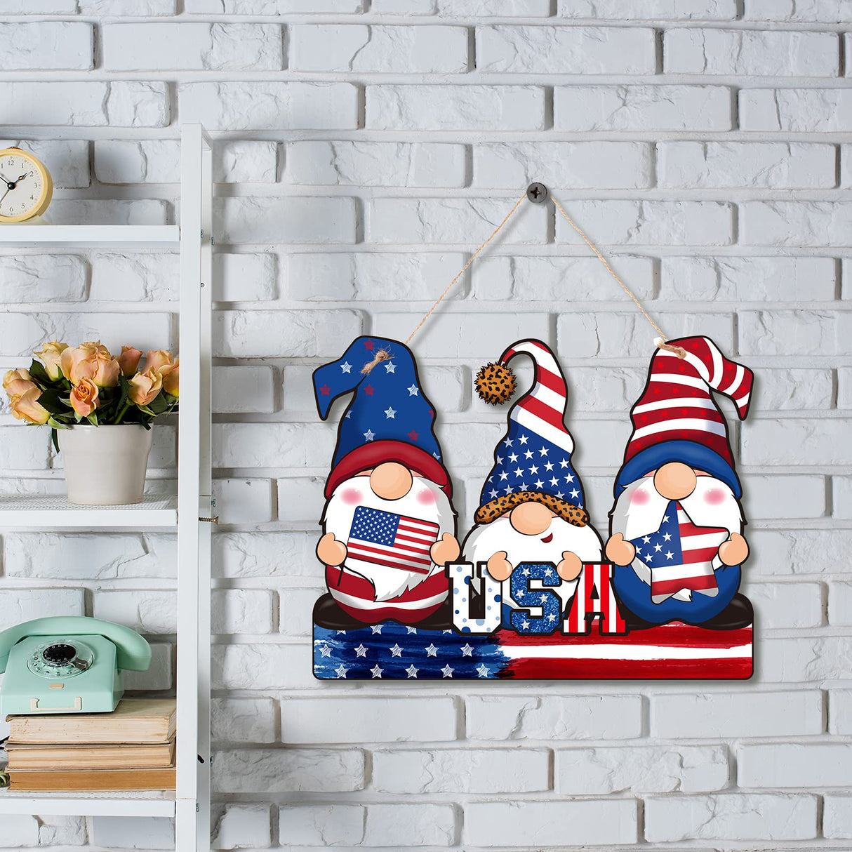 Jetec 4th of July Independence Day Decorations American Patriotic Rustic Wooden Plaque with Rope, Wood American Flag for Front Door Porch Wall Window(Gnome Style) Jetec
