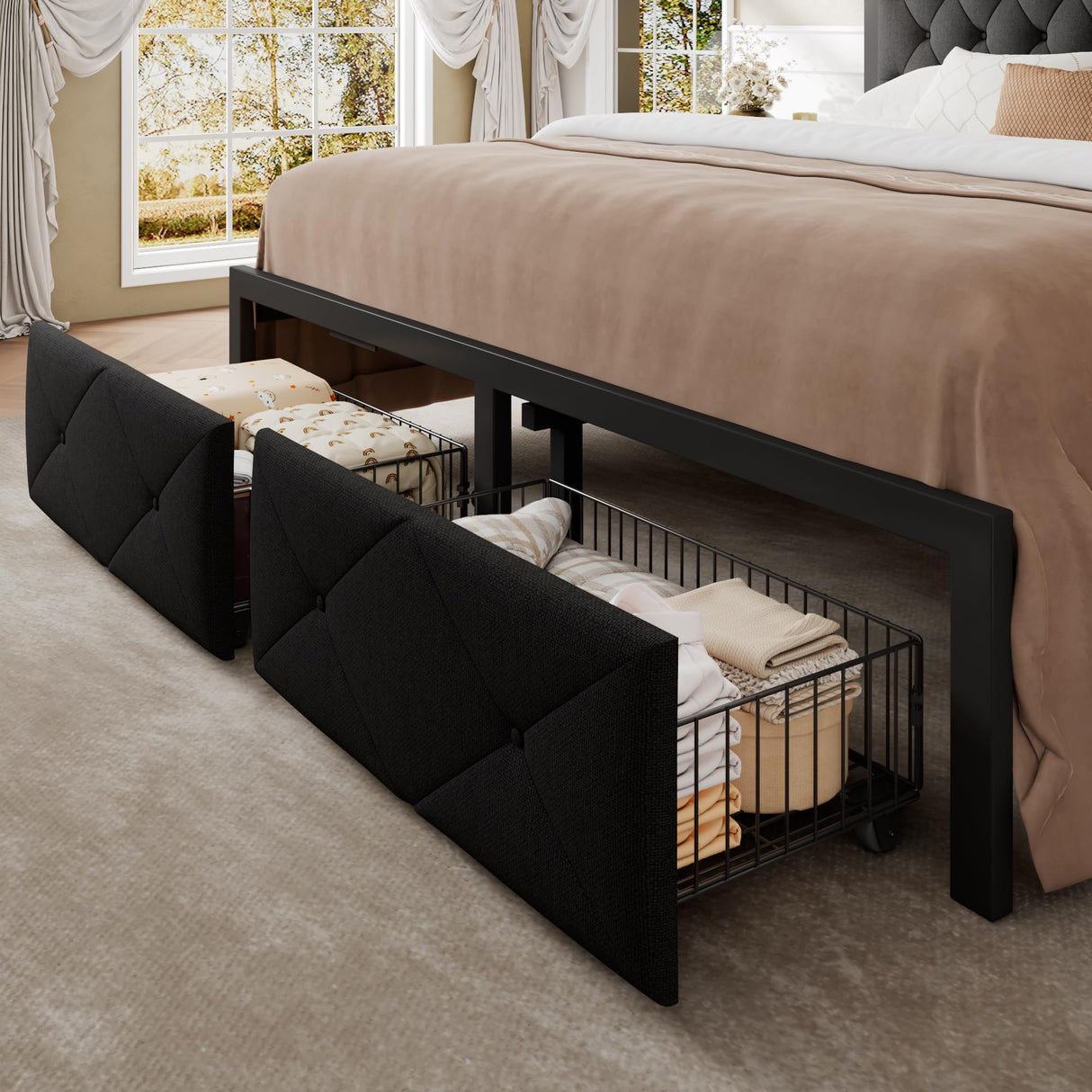 Einhomn King Size Bed Frame with 2 Storage Drawers, Metal Platform Bed with Charging Station, Upholstered Button Tufted Storage Headboard, No Box Spring Needed, Noise-Free, Easy Assembly, Black Einhomn