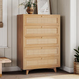 VIAGDO Rattan Dresser for Bedroom, 5 Drawer Dresser with Natural Rattan Drawers, Wooden Tall Dresser with Gold Handles, Modern Closet Dressers Chest of Drawers for Nursery Entryway Living Room VIAGDO