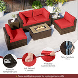 Tangkula 7 Pieces Outdoor Sectional Sofa Set Set with 32” Fire Pit Table and Propane Tank Cover, for Deck, Garden and Backyard, Fire Pit Protective Cover Included (Red) Tangkula