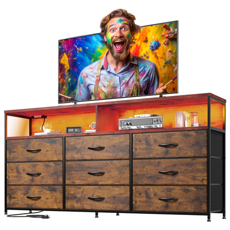 EnHomee 55" W Dresser TV Stand with Power Outlet & LED Lights for 65" TV, Dresser for Bedroom with 9 Fabric Drawers, TV Stand for Bedroom Long Dressers Console Table 55''W*11.8''*35.5'', Rustic Brown EnHomee